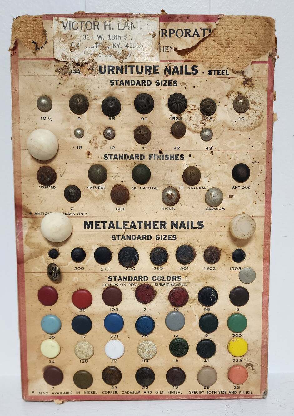 Vintage Victor H. Lampe Furniture Nail Sample Card Covington KY Upholstery